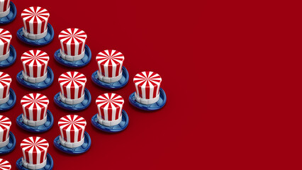 3D Illustration Pattern of USA Uncle Sam Top Hats Isolated on Red Background for Election, Fourth of July, Memorial Day, United States Patriotic Concept