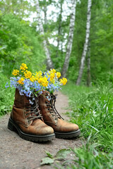 bouquet of wild flowers in old leather shoes on footpath, green natural background. spring summer season. beautiful floral composition on village road.