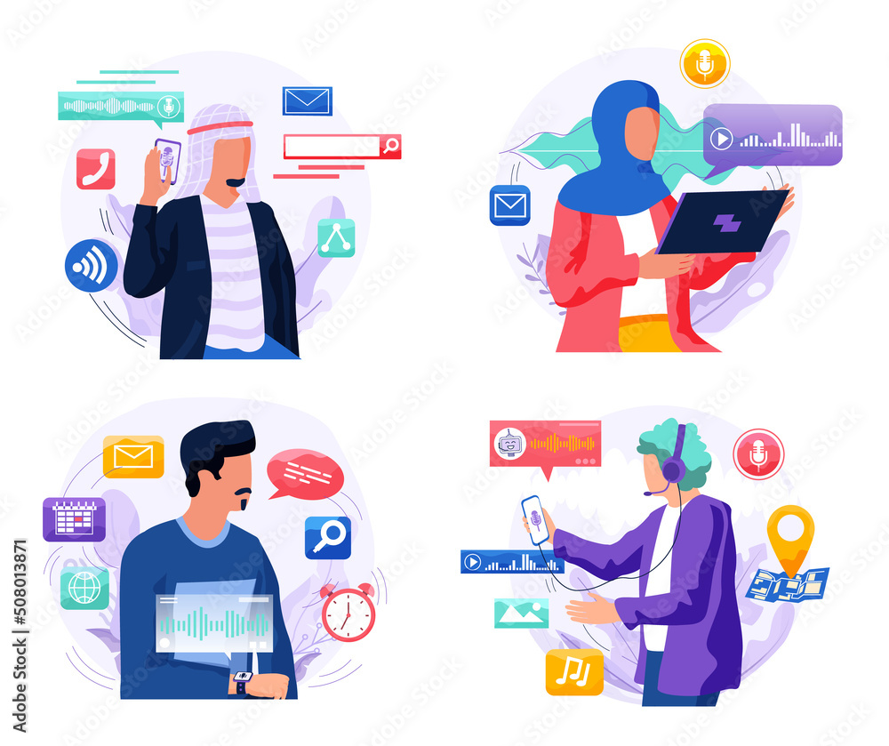 Poster voice assistant. smart speaker virtual assistant, sound robot, people using voice controlled smart s