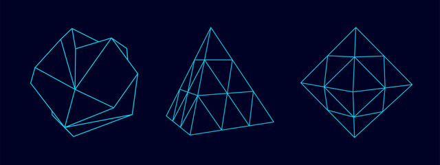 Set of wireframe sphere, pyramid and cube from different sides. Vector abstract geometric 3D objects. Technology block chain network connection.