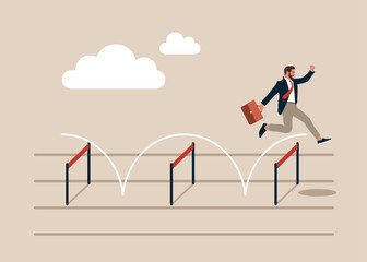Businessman jumping higher over hurdle. Business concept