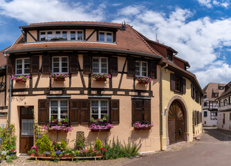 Fototapeta premium historic colorful half-timbered houses and wine cellars in the village center of Eguisheim