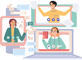 Virtual meeting, online teamwork. Desktop computer with group of colleagues taking part in video conference. Software for videoconferencing and online communication. Online skull session, webinar