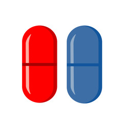 Red pill, blue medical capsule from the matrix isolated on white background. Choice, decision symbol concept. Vector illustration.