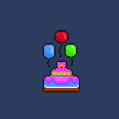 party cake with balloon in pixel art style