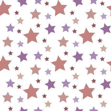 Seamless pattern in dark pink and violet stars on white backgound. Vector image.
