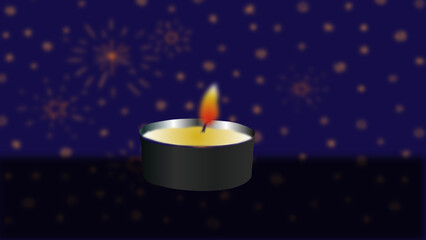 A candle is lit on a black table, under a starry blue night, realistic illustration, vector