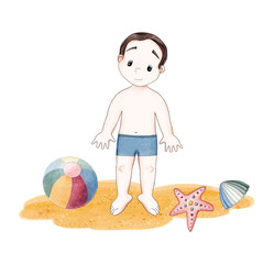 A cute little cartoon boy in blue swimming shorts stands at full height on the sand next to him lies a beach ball and shells. Digital illustration in the style of colored pencils and watercolor