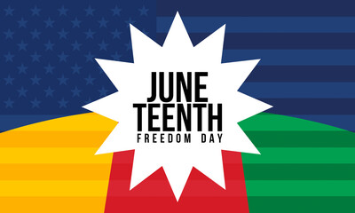 Juneteenth freedom day, celebrate freedom on June 19th over USA and juneteenth flags