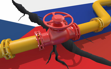 Gas or oil pipeline with valve on background of the flags of Russia and Czech Republic. Financial...