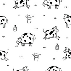 Doodle template with black outline cow pattern on white background for fabric design. Vector graphic illustration.