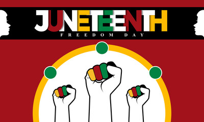 Juneteenth Freedom Day text with closed fist icon, emancipation day in 19 June, African-American history and heritage