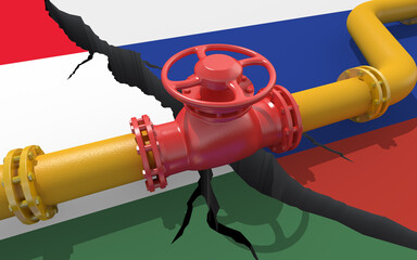 Gas or oil pipeline with valve on background of the flags of Russia and Hungary. Financial...