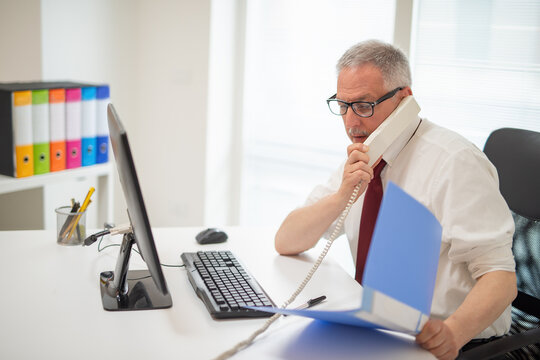 Businessman talking on the phone while using his desktop computer
