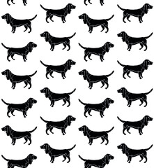 Vector seamless pattern of hand drawn basset hound dog silhouette isolated on white background