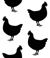 Vector seamless pattern of hand drawn flat chicken hen silhouette isolated on white background