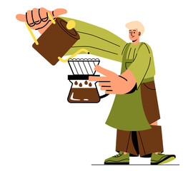 People with food. Guy pours coffee into mug or cup. Morning rituals and invigorating hot drinks. Lunch break, barista in restaurant or cafe. Happy character. Cartoon flat vector illustration