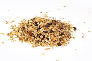 Muesli on a white background. Granola. Healthy food. Isolate. Photo