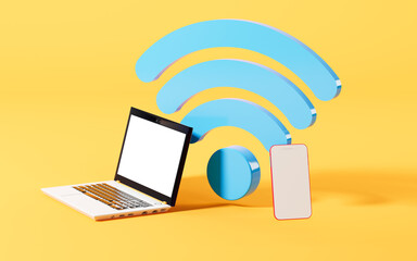 Laptop and mobile phone are in the yellow background with wifi icon, 3d rendering. - obrazy, fototapety, plakaty