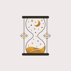 Hourglass logo. Trendy boho illustration with sandglass, moon and stars. Vector isolated esoteric emblem with gold foil texture.