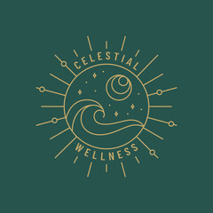 Boho logo. Vector isolated design with sun, moon, stars and ocean wave. Trendy line emblem for boho hotel, meditation studio, alternative healing practices, spiritual, celestial, or others themes.