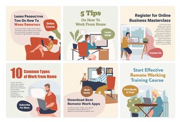 Remote work tips, course at social media post set