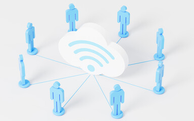 A cloud with wifi icon is among the blue figurines, network communication, 3d rendering.