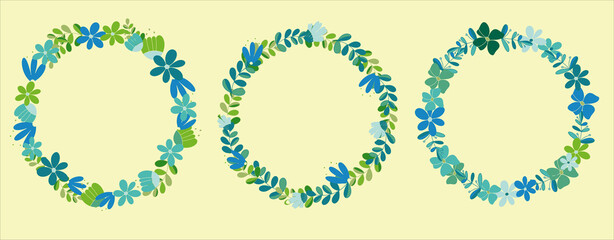 Floral wreaths for decoration in blue-green tones. Floral decor for wedding invitations. Summer holiday decoration. Elements for vector illustration.