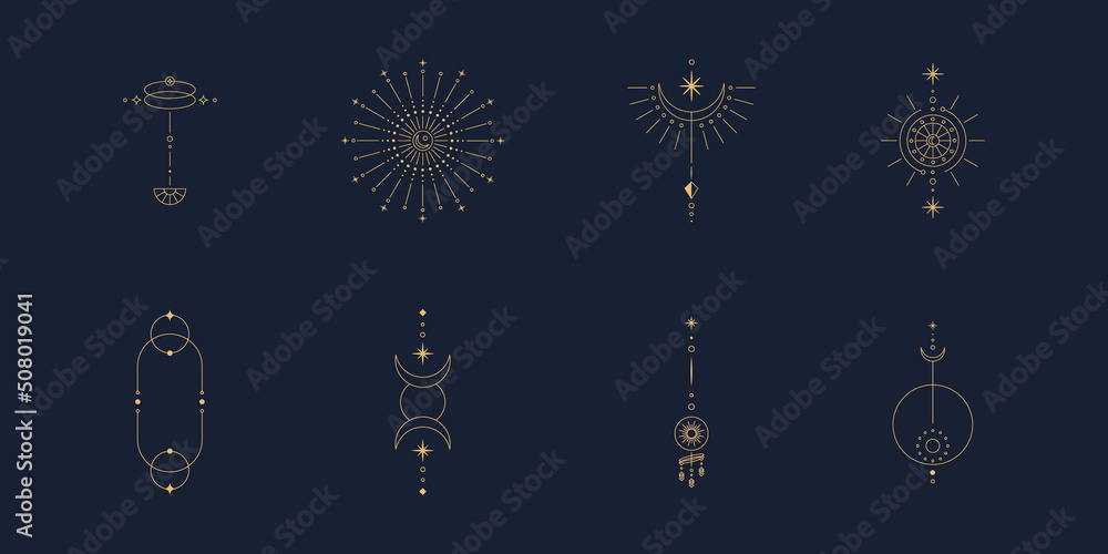 Poster minimal boho linear symbols. set of celestial mystic element. vector line art illustration.