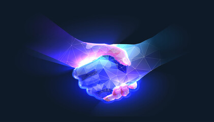 Handshake in digital futuristic style. The concept of partnership, collaboration or teamwork. Vector illustration with light effect and neon