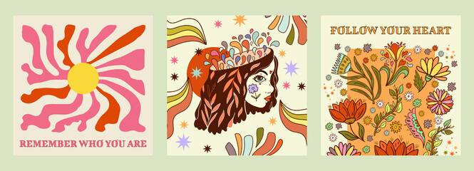 Rough retro summer collection of vector banners with flowers. Retro set full of these charming flowers in 70's, 80's style-10