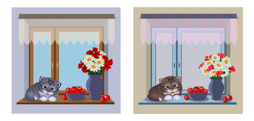 Flat window with curtain and  cartoon cute cat, flowers, berries on a sill. Vector illustration