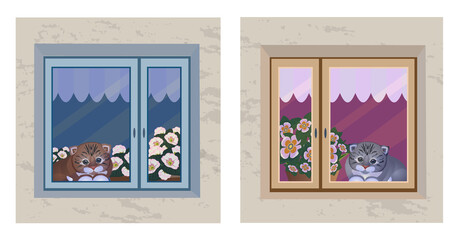 Wall facades with house windows, flowers, cartoon cat on windowsill inside.   Vector illustration