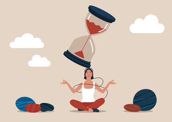 Endurance concept, relax woman sitting with sandglass on her head practicing patience. Patience time, practice to concentrate and wait for success, being professional calm and mindfulness thinking.