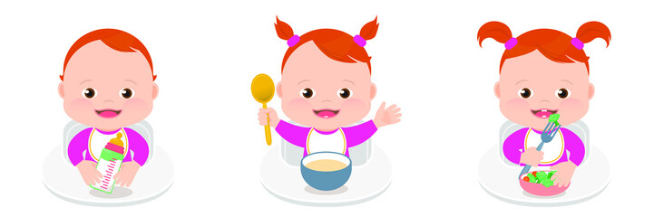 Cute little baby girl, growing up, catoon illustration. Age-by-age guide or Eating Milestones to feeding baby from a bottle milk, to Pureed food, and than to solid food.