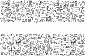Zero waste lifestyle hand drawn set. vector doodle illustration. ecology and natural background.