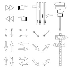 Hand drawn set of pointers to help find the way. Arrows indicating the direction. Doodle style. Vector