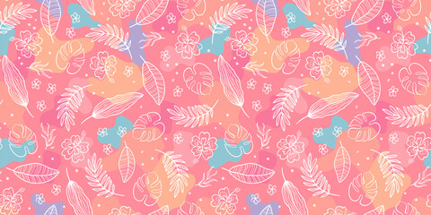 Cute hand drawn botanical seamless pattern, doodle exotic leaves, great for summer textiles, banners, wallpaper, wrapping - vector © TALVA