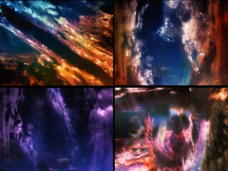 Collage of four space nebulae with stars. Interstellar nebulae of the Milky Way. Comparison of different clusters of stars and gas in the universe.