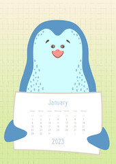 2023 january calendar, cute penguin holding a monthly calendar sheet, hand drawn childish style.