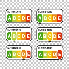Nutri-score icons set. Isolatad Nutriscore stickers for packaging on white background. Food rating system signs : A, B, C, D, E. Vector illustration.
