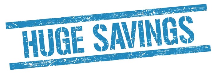 HUGE SAVINGS text on blue grungy rectangle stamp.