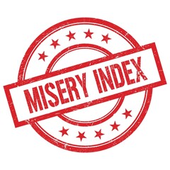 MISERY INDEX text written on red vintage round stamp.