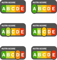 Nutri-score icons set. Isolatad Nutriscore stickers for packaging on white background. Food rating system signs : A, B, C, D, E. Vector illustration.