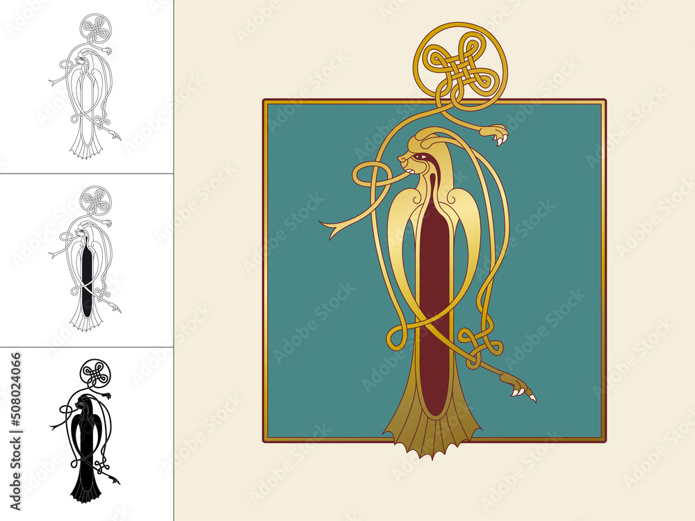 Fototapete medieval, celtic initial letter i combining animal body parts from a dog and a bird with endless kno