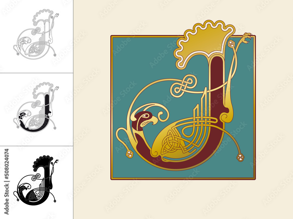 Fototapete medieval, celtic initial letter j combining animal body parts from a parrot and endless knot ornamen