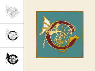 Medieval, Celtic Initial Letter C combining animal body parts from a Dog and a Dragon with endless knot ornaments in four different versions