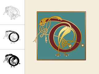 Medieval, Celtic Initial Letter D combining animal body parts from a Dog and endless knot ornaments in four different versions