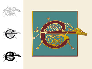 Medieval, Celtic Initial Letter E combining animal body parts from a Donkey and endless knot ornaments in four different versions
