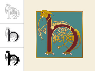 Medieval, Celtic Initial Letter H combining animal body parts from a Dog and a dragon with endless knot ornaments in four different versions